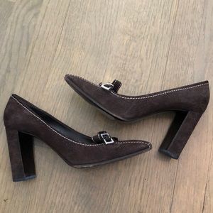 brown Prada heels, white stitch bow detail